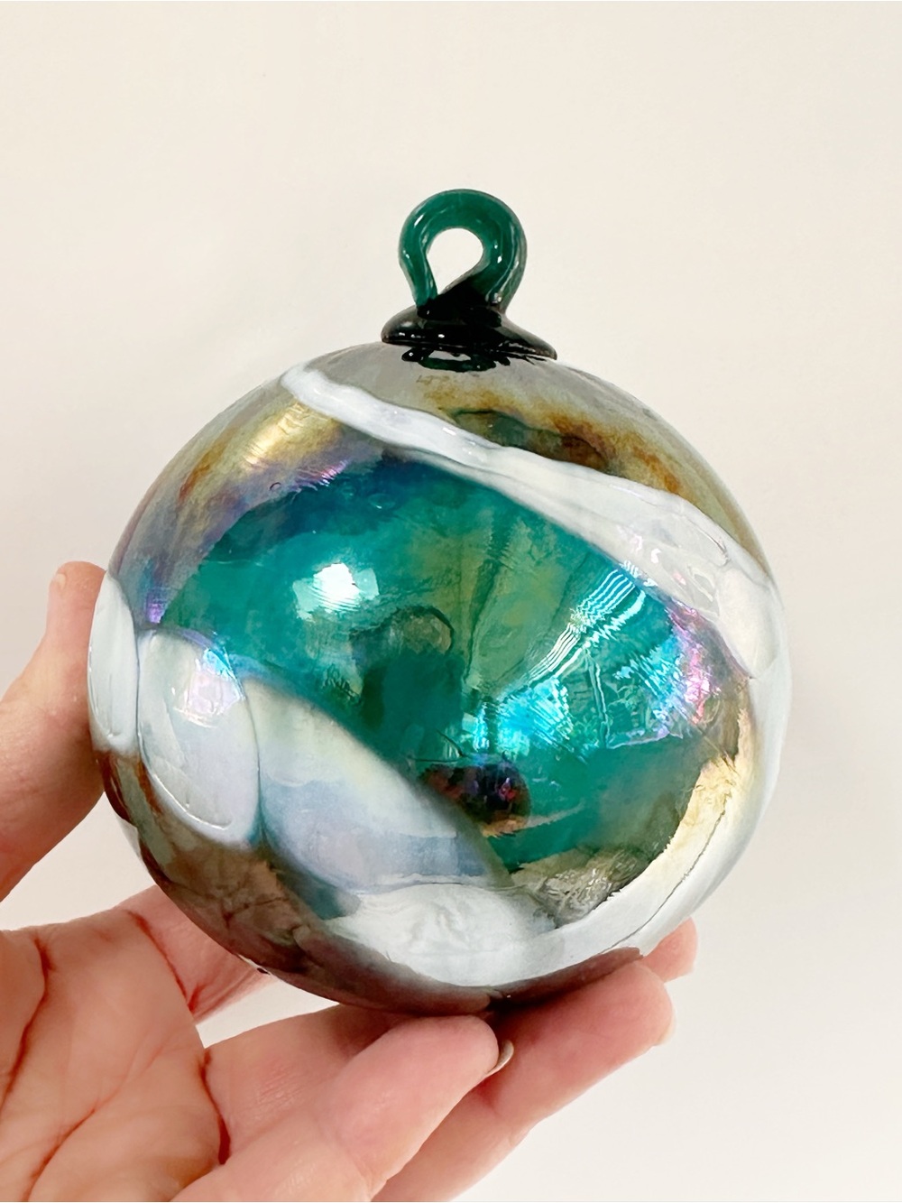 Glass Iridescent Teal Holiday Ornament - Handblown Studio Art